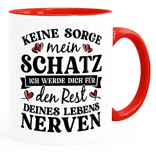 Moonworks® Kaffee-Tasse Liebe lustig Spruch Keine Sorge Schatz witzige Geschenke Hochzeitstag Valentinstag weiss-innen-rot standard von MoonWorks