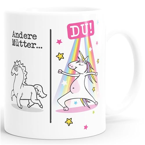 Moonworks® Kaffee-Tasse Mama Einhorn lustiges Geschenk Muttertag von Tochter Sohn Andere Mütter DU Uni-Weiß Keramik-Tasse von MoonWorks