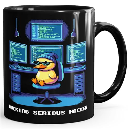 Moonworks® Kaffee-Tasse Quietsche-Entchen Rubber Duck Debugging Hacker Ente Geschenk Programmierer Informatiker schwarz standard von MoonWorks