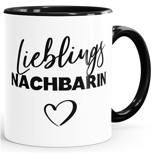 Moonworks® Kaffee-Tasse Schriftzug Lieblingsnachbarin Herz Geschenk Geburtstag Einzug Party Inner-Schwarz unisize von MoonWorks