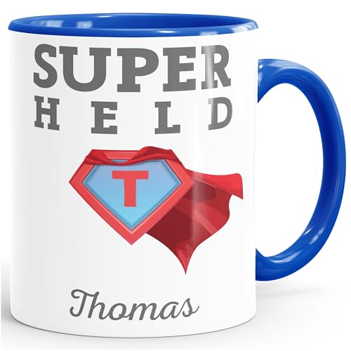 Moonworks® Kaffee-Tasse mit Namen Initiale personalisierbar Aufdruck Superheld/Superheldin persönliches individuelles Geschenk Superheld inner-royal Keramik-Tasse von MoonWorks