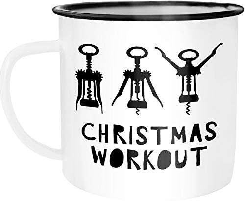 Moonworks Emaille Tasse Becher Christmas Workout Flaschenöffner Korkenzieher Weihnachten lustig Weihnachtstasse Kaffeetasse weiß-schwarz unisize von MoonWorks