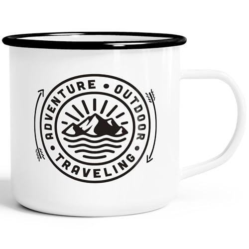 Moonworks Emaille Tasse Becher Outdoor Design Logo Emblem Adventure Travelling Camping Trekking Kaffeetasse weiß-schwarz Emailletasse von MoonWorks