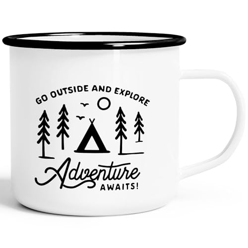Moonworks Emaille Tasse Becher Outdoor Design Spruch Go out an explore Adventure awaits Camping Travelling Trekking Kaffeetasse weiß-schwarz Emailletasse von MoonWorks