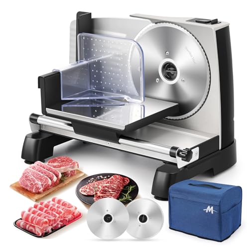 Moongiantgo Allesschneider Elektrisch Brotschneidemaschine mit 2x Abnehmbarer 19cm Edelstahlklinge, 0-18mm Einstellbare Schnittstärke, Schneidemaschine Kiche für Wurst, Fleisch, Käse, Gemüse (200W) von Moongiantgo