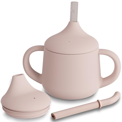 Moonkie Silikon Baby Trinklernbecher ab 6 Monate | mit 2 Strohhalmen (mit & ohne Ventil) | 120 ml, 3-Stufen-Übergang | BPA-frei | Auslaufsichere Schnabeltasse(Blush) von Moonkie