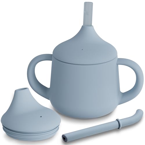 Moonkie Silikon Baby Trinklernbecher ab 6 Monate | mit 2 Strohhalmen (mit & ohne Ventil) | 120 ml, 3-Stufen-Übergang | BPA-frei | Auslaufsichere Schnabeltasse(Ether) von Moonkie
