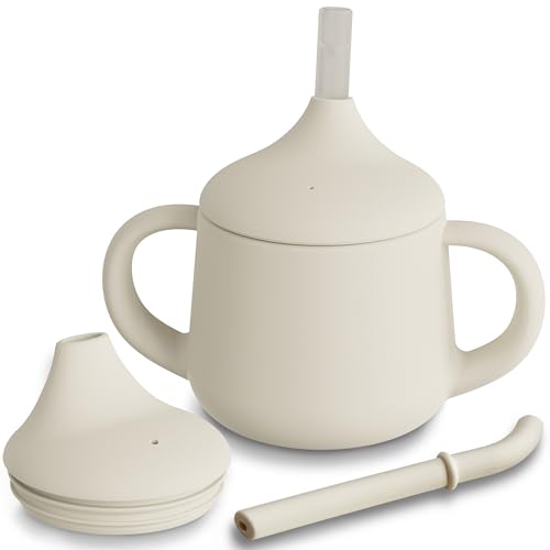 Moonkie Silikon Baby Trinklernbecher ab 6 Monate | mit 2 Strohhalmen (mit & ohne Ventil) | 120 ml, 3-Stufen-Übergang | BPA-frei | Auslaufsichere Schnabeltasse(Ivory) von Moonkie