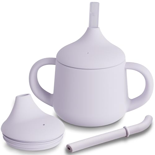 Moonkie Silikon Baby Trinklernbecher ab 6 Monate | mit 2 Strohhalmen (mit & ohne Ventil) | 120 ml, 3-Stufen-Übergang | BPA-frei | Auslaufsichere Schnabeltasse(Mauve) von Moonkie