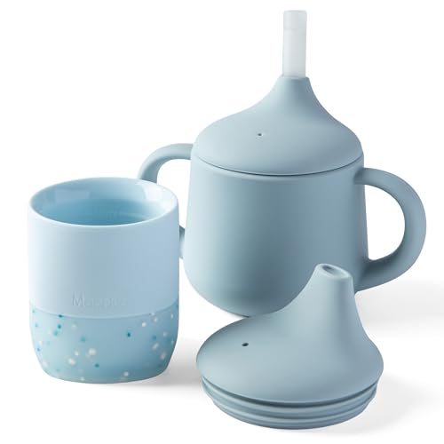 Moonkie Kinderbecher & Trinklernbecher Baby Silikon Set, Becher Kinder 2oz & 3-Stufiger Trinklernbecher mit Strohhalm 4oz, Schnabeltasse ab 4 Monate, Trinkbecher Baby BPA-frei(Äther Set) von Moonkie