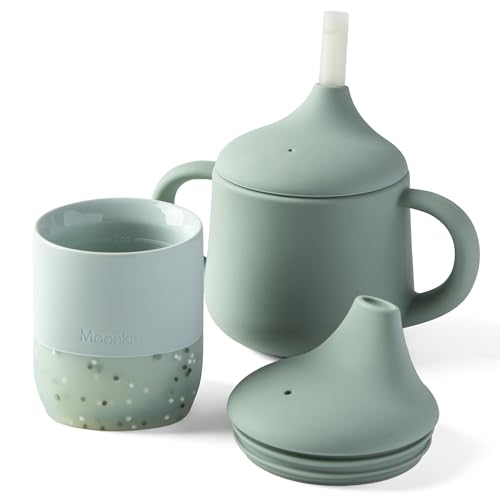 Moonkie Kinderbecher & Trinklernbecher Baby Silikon Set, Becher Kinder 2oz & 3-Stufiger Trinklernbecher mit Strohhalm 4oz, Schnabeltasse ab 4 Monate, Trinkbecher Baby BPA-frei(Mint Set) von Moonkie