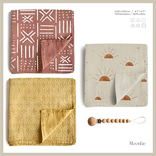 Moonkie Muslin Swaddle Blanket, Essentials Baby-Decke für Mädchen und Jungen, Baby Wearable Swaddling Set, 47 x 47 Zoll, 3er Pack (Sunrise/Rainbow/Boho Mudcloth) von Moonkie