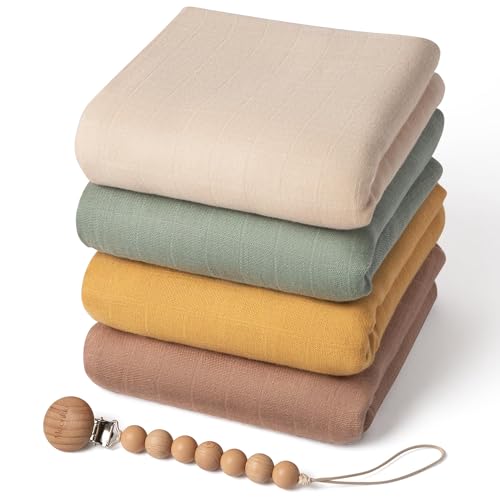 Moonkie Muslin Swaddle Blanket, Essentials Baby Empfangsdecke für Mädchen und Jungen, Säugling tragbar Swaddling Set, 47 x 47 Zoll, 4 Pack (Light Sea Green/Fall Yellow/Beige/Natural) von Moonkie