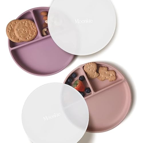 Moonkie 2pc Silikon Kinderteller, Baby Teller mit Saugnapf, BPA-freie Rutschfest Geteilte Babyteller aus Silikon mit Deckel, mikrowellen- und spülmaschinenfest (Pale Mauve/Blush) von Moonkie