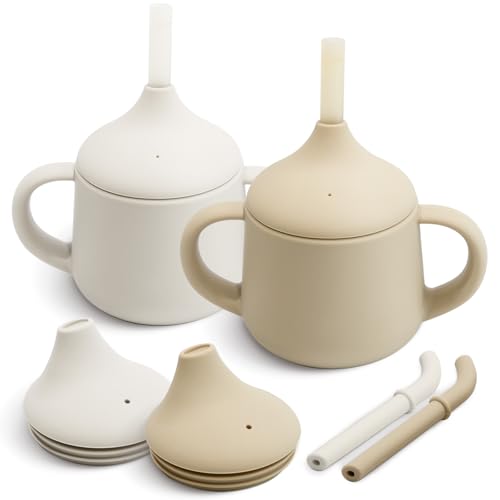 Moonkie Silikon Baby Trinklernbecher ab 6 Monate | mit 2 Strohhalmen (mit & ohne Ventil) | 120 ml, 3-Stufen-Übergang | BPA-frei | Auslaufsichere Schnabeltasse(Ivory/Croissant) von Moonkie
