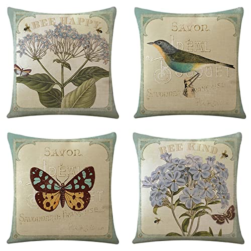 Kissenbezug 20x20cm Retro-Blumen-Vögel kissenbezüge 4er-Set,Cotton linen Doppelseitige Kissenbezüge mit Unsichtbarem Reißverschluss Dekokissen Wurfkissenbezug Quadratische Sofa Kissenbezug Home Decor von Moonlee