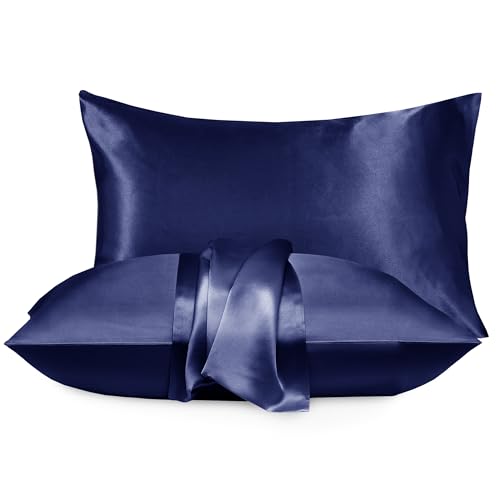 Moonlight Bedding Marineblaue Satin-Kissenbezüge, 2er-Pack, Kissenbezüge für Haar und Haut, Luxus-Satin-Seiden-Kissenbezüge mit Hotelverschluss, Satin-Kissenbezug, Standardgröße (50 x 75 cm) von Moonlight Bedding