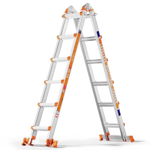 Moonlight Manor EIN Rahmen mit 6 Stufenleitern, eine 6 m Lange Schiebeleiter mit Stabilisator und Rädern, 150 kg Sicherheitslastleiter mit Mehreren Positionen für Treppen Home Indoor Outdoor Roof von Moonlight Manor