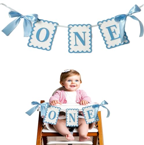 One Hochstuhl Banner Mädchen - Schleife 1. Geburtstag Banner Baby Mädchen Fee Erster Geburtstag Party Dekorationen Ungiftiger Stoff mit Doppel Satin Schleifen (Blau) von Moonlik