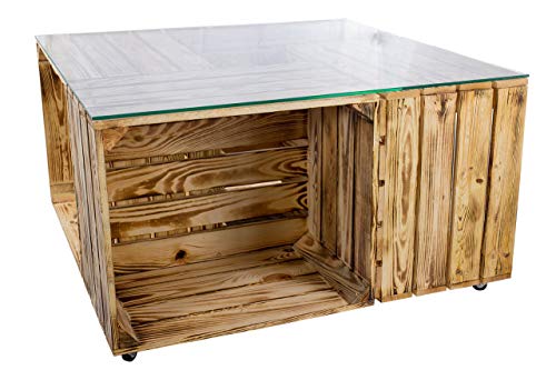 Moooble 1x geflammter Kistentisch inklusive Glasplatte und Rollen | 81x81x44 cm | Couchtisch Holz Glas mit viel Stauraum für Controller, Flaschen von Moooble