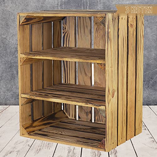 Moooble 3 geflammte Holzkisten hochkant | mit zwei Mittelbrettern | 40x30x50 cm | Obstkiste als Nachtschrank, Ablage oder Dekoration von Moooble