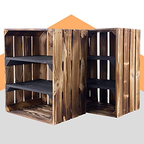 Moooble Sparpaket geflammte/flammbierte Holzkiste mit 2 Mittelbrettern Quer Schwarz 50cm x 40cm x 30cm Kiste Schuhregal(2er Set) von Moooble