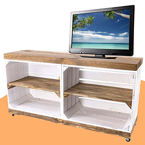 Moooble TV Bank weiß, auf Rollen | braune Deckplatte & Regalböden, aus Holz, 4 Fächer | 100x30x50 cm | moderner TV Schrank, Sideboard von Moooble