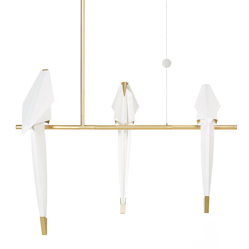 Moooi - Perch Light Branch Small LED Pendelleuchte - weiß/messing/3 Vögel synthetisches Papier H 53cm/BxTxH 73x36x157cm/dimmbar 1-10V/336lm... von Moooi