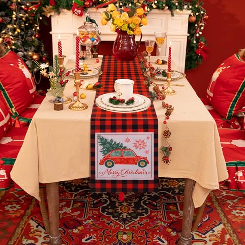 Tischläufer Weihnachten,180 x 35 cm Weihnachts Tischläufer, Weihnachtstischläufer Rot Schwarz Plaid, Weihnachts Küche Esstisch Dekoration， Weihnachtstischdecke für Drinnen Draußen Weihnachtsessen von Moorle