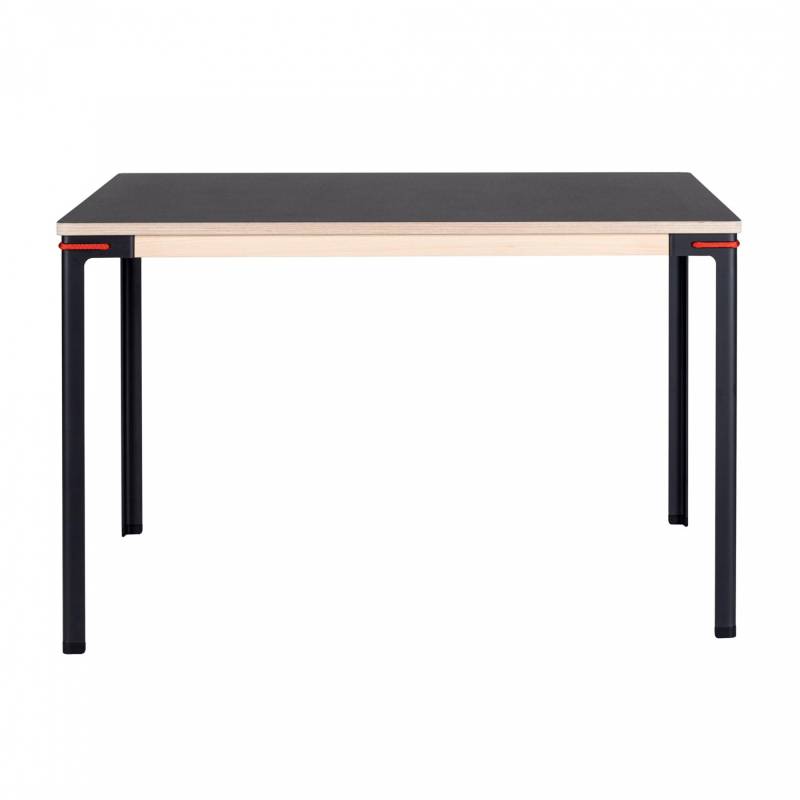 Moormann - Seiltänzer Tisch quadratisch 120x120cm - Linoleum schwarz/rotes Seil/Zarge esche/H 75cm/Gestell Stahl nitriert von Moormann