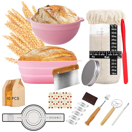 Moorstdel 13-teiliges Brotgärkörbchen-Set mit faltbaren Silikonkörben, Thermometer und 10 Beuteln, umweltfreundliches Sauerteig-Backset für Zuhause/Kinder DIY von Moorstdel
