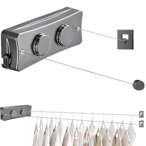 Moorstdel Wäscheleine Ausziehbar - Stahlseil Rostfrei Bis 5.1m, Tragfähig 44 lbs, Wäscheleine Ausziehbar Wand, Ideal für Balkon, Bad & Camping (Grau) von Moorstdel