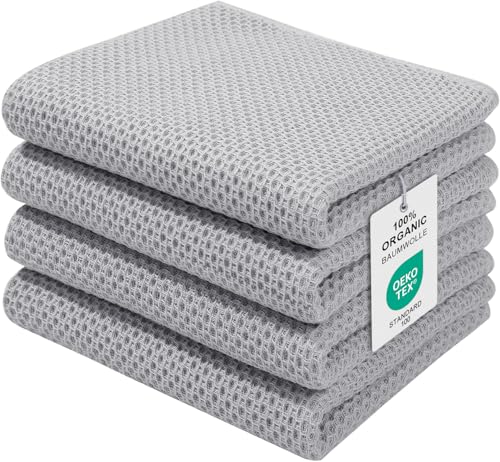 Moosfor Geschirrtücher 100% Baumwolle, 4er Set 32 x 72 cm, Weiche Geschirrhandtücher Küchenhandtücher Saugfähig Küchentücher Dicke Premium Geschirrtuch Spüllappen Putzlappen, Hellgrau von Moosfor