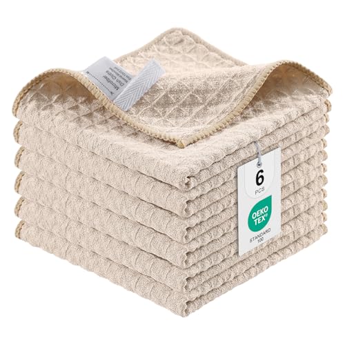Moosfor Microfasertücher, 6er-Set, Saugfähige Fusselfrei Küchentücher Spültücher für Küche Dicke Barista Tuch Geschirrtücher Lappen, 30 x 30 cm, Beige von Moosfor