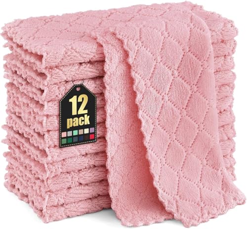 Moosfor Reinigungstücher Mikrofasertücher Waschbar Putzlappen Mikrofaser Weiche Fusselfrei Geschirrtücher Lappen Küchentücher, 12 Stück, 25x25 cm, Rosa von Moosfor