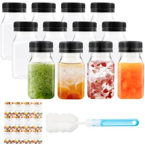 Mooshy 12 Stück Kleine Plastikflaschen zum Befüllen，Wiederverwendbare Leere Saftflaschen Zum BefüLlen mit Auslaufsicheren Deckeln und Bürste für Mini-Kühlschrank Smoothies Juicer Shots (120ml) von Mooshy