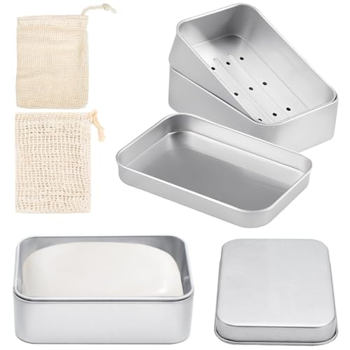 Mooshy 2 Stück Seifendose aus Aluminium, Seifenschalen mit Abtropfgitter Sisal Seifensäckchen und Schaumnetz, Seifenbox für zu Hause oder auf Reise Seifenbehälter Seifenbox Wasserdicht von Mooshy