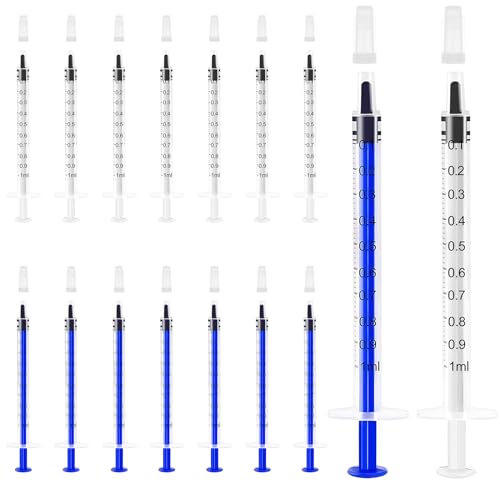 Mooshy 16 Stück 1ml Spritze - Kunststoff Kolostrum Spritze mit Kappe ohne Nadel Einzeln Verpackt Einwegspritzen für Fütterung von Kleintieren Nachfüllen und Messen von Flüssigkeiten (Blau+Weiß) von Mooshy