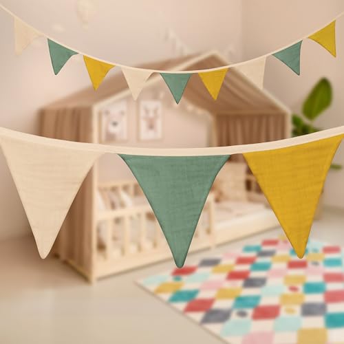 Mooskind Wimpelkette Stoff [in 3 Farben] – Girlande Kinderzimmer aus 100% Bio-Baumwolle – Handmade Wanddeko für Babyzimmer & Hausbett – Wimpelgirlande für Mädchen & Jungen – Musselin Deko von Mooskind
