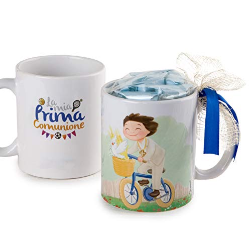 Mopec GD912.3.5 Tasse für Kinder, Kommunion, Kind im Fahrrad, Geschenkbox und 7 Süßigkeiten, Porzellan von Mopec