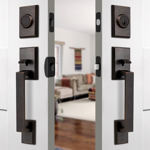 Moquin Doppeltes Vordertürschloss-Set, ölgeriebene Bronze, quadratisches Haustür-Hardware-Set mit Schnuller, robuster Türgriff mit Riegel, Doppeleingangstürschloss-Set mit wendbarem Griff von Moquin