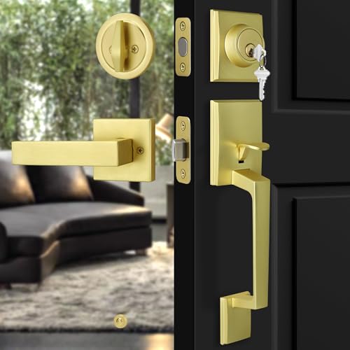 Moquin Goldfarbene Vordertürgriffe, Zinklegierung, robuste Außengriffe mit wendbarem Hebel innen, gebürstetes Gold, Vordertürschloss-Set für links- und rechtshändige Türen, satiniertes Messing Moquin Goldfarbene Vordertürgriffe, Zinklegierung, robuste Außengriffe mit wendbarem Hebel innen, gebürstetes Gold, Vordertürschloss-Set für links- und rechtshändige Türen, satiniertes Messing von Moquin