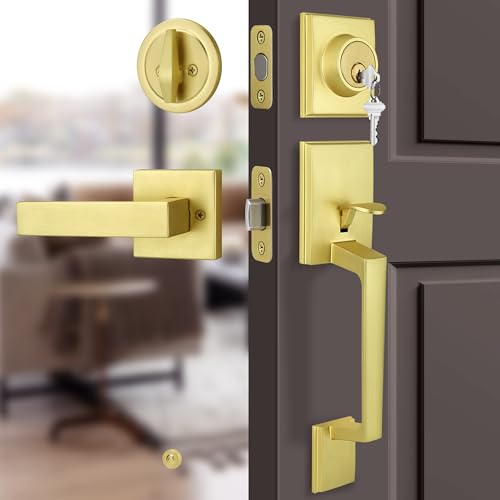 Moquin Goldfarbene Vordertürgriffe, Zinklegierung, robuste Außengriffe mit wendbarem Hebel innen, gebürstetes Gold, Vordertürschloss-Set für links- und rechtshändige Türen, satiniertes Messing von Moquin