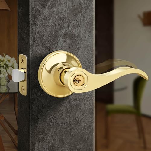 Moquin Wave Design Türdrücker mit Schlüssel, wendbarer Türgriff für rechts/linke Seite für Front-/Eingangstürschloss in poliertem Messing-Finish von Moquin