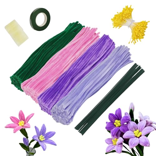 MorLuks Pfeifenreiniger Blumen Set Lila, 400 Stück Pfeifenreiniger in 4 Farben, Pfeifenputzer zum Basteln, Pipe Cleaner Flower Set mit Grün Basteldraht Staubblätter Geschenkband von MorLuks