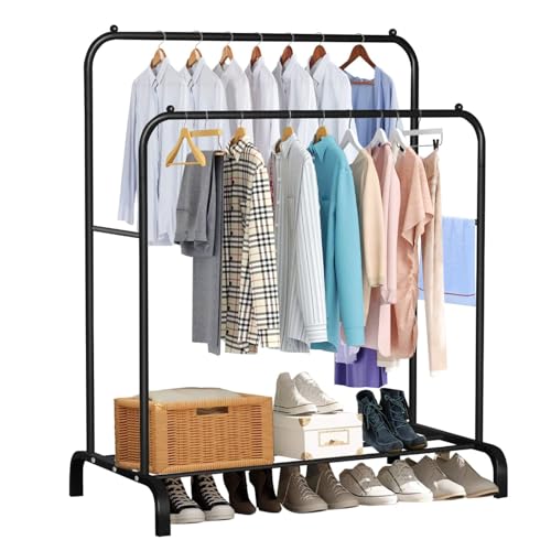 MorNon Kleiderständer Freistehender Kleiderbügel Doppelruten Multifunktional Leicht zu Trocknen Innen- und Außenmontage für Schlafzimmer Waschräume Ausstellungsräume (Schwarz) von MorNon