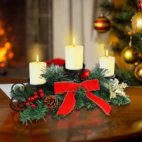 MorTime Weihnachtskerzenhalter, Tischdekoration mit roter Schleife, Beeren, Tannenzapfen, Tischdekoration mit Stahlsockel für Weihnachtsdekoration von MorTime