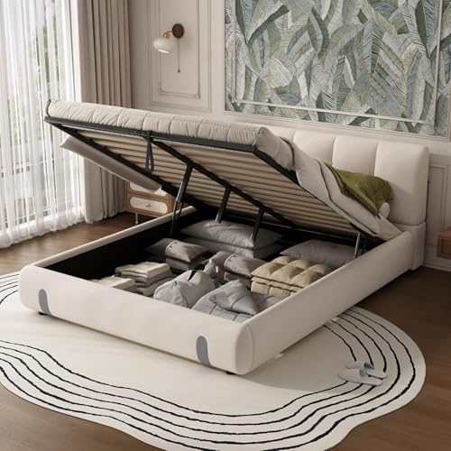 Gepolstertes Hydraulikbett, für Erwachsene und Jugendliche, 135 x 190 cm, Stauraum unter dem Bett, weiches Kopfteil, MDF + Samt + Sperrholz, Weiß von Morada Nest