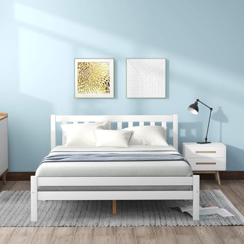 Holzbettrahmen Doppelbett 4ft6 Massivholz Bettgestell Schlafzimmermöbel für Erwachsene Kinder Jugendliche 135x190cm (Weiß) von Morada Nest