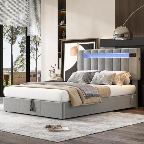 Hydraulisch gepolstertes Doppelbettrahmen, 120 cm, Samt-Gasdruckfeder, Bett mit Stauraum, Bluetooth-Lautsprechern, USB-Aufladung, Taschen und mehrfarbiger LED-Beleuchtung (12 Modi), starke von Morada Nest